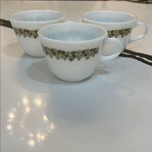 Vintage Pyrex Green Crazy Daisy Spring Blossom Milk Glass Coffee Cups Set of 3